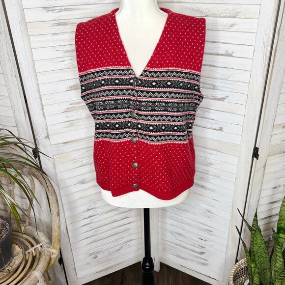 EDDIE BAUER VINTAGE Women's Nordic Fair Isle Sweater Vest Lambswool Red Gray Med - Picture 11 of 14
